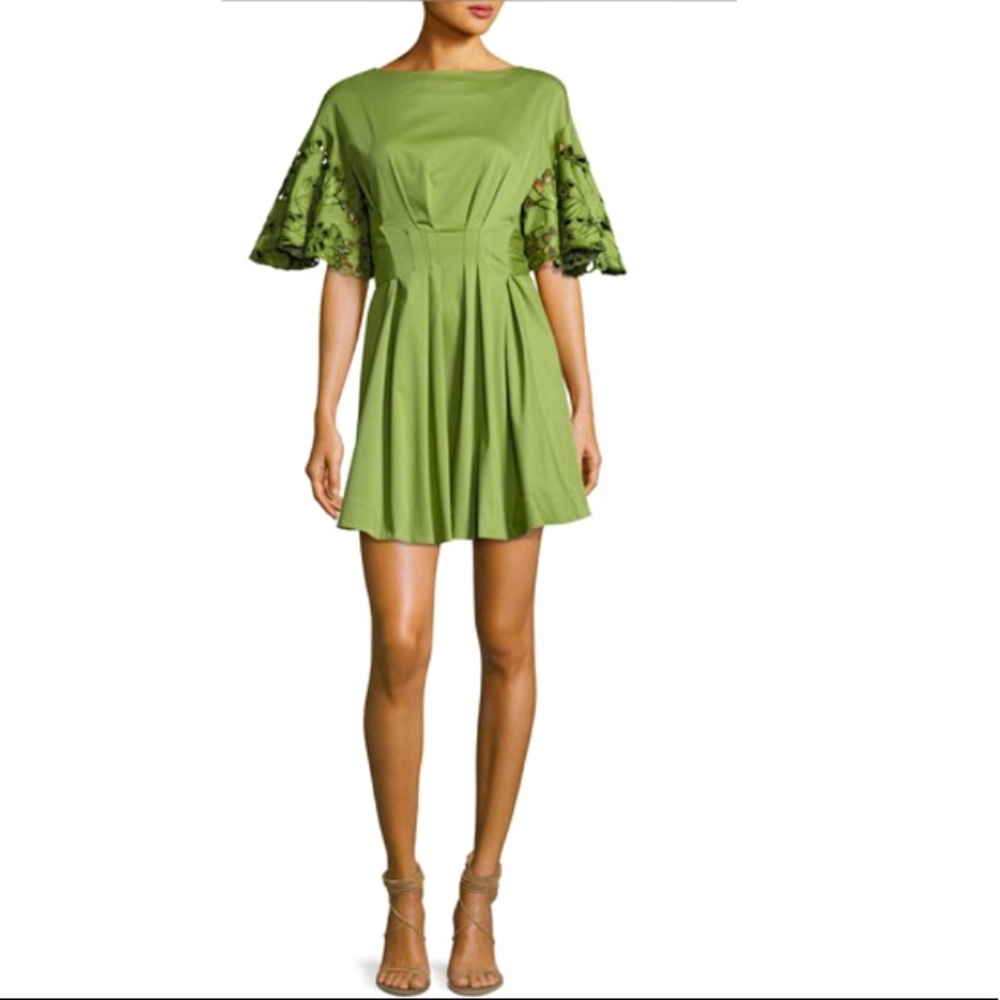 Josie Natori Ruffled Eyelet Lace Sleeve Leggy Mini Dress in Mossy Olive Green